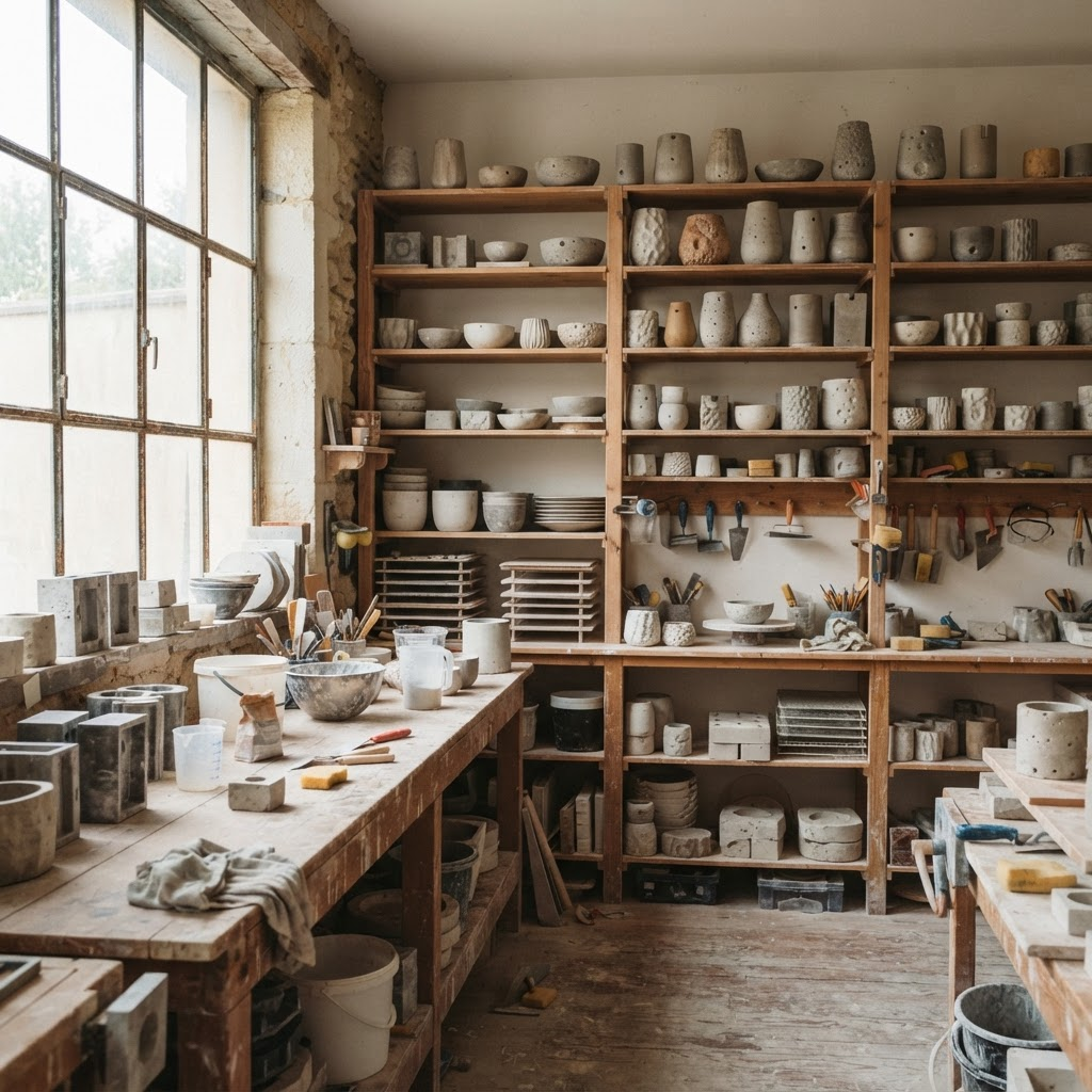 Ateliê Casa Luma com estantes de madeira e peças de cimento em produção