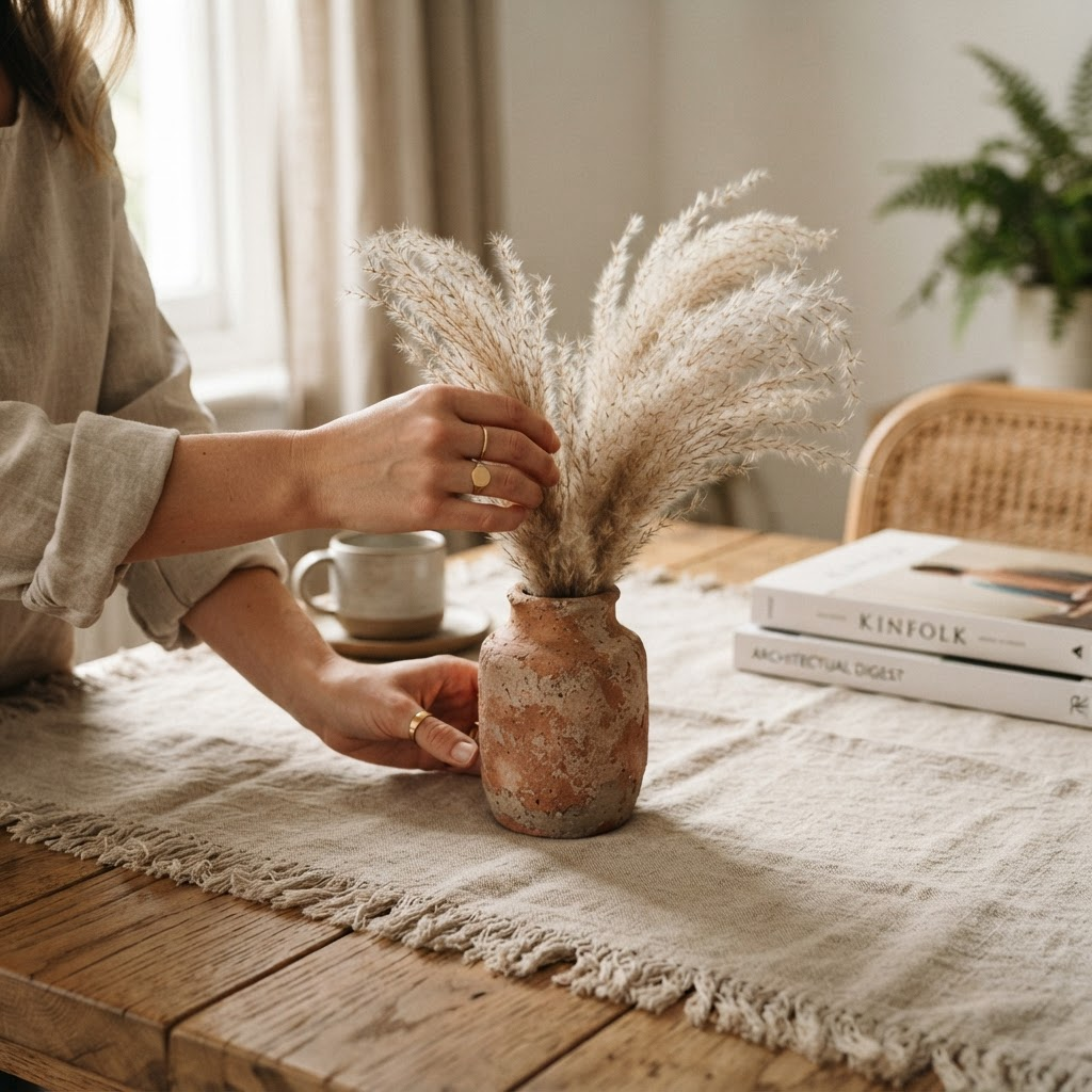 Mãos arrumando um vaso de cimento artesanal com folhagem seca sobre uma mesa de madeira