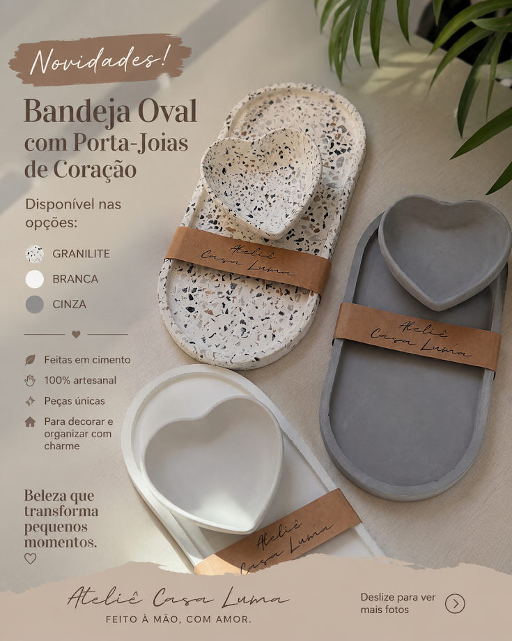 Bandeja oval com porta-joias de coração, peças artesanais em cimento do Ateliê Casa Luma