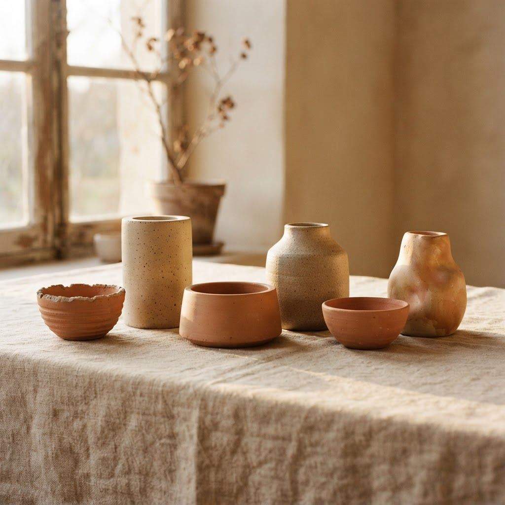 Coleção de vasos e bowls artesanais de cimento em tons terracota
