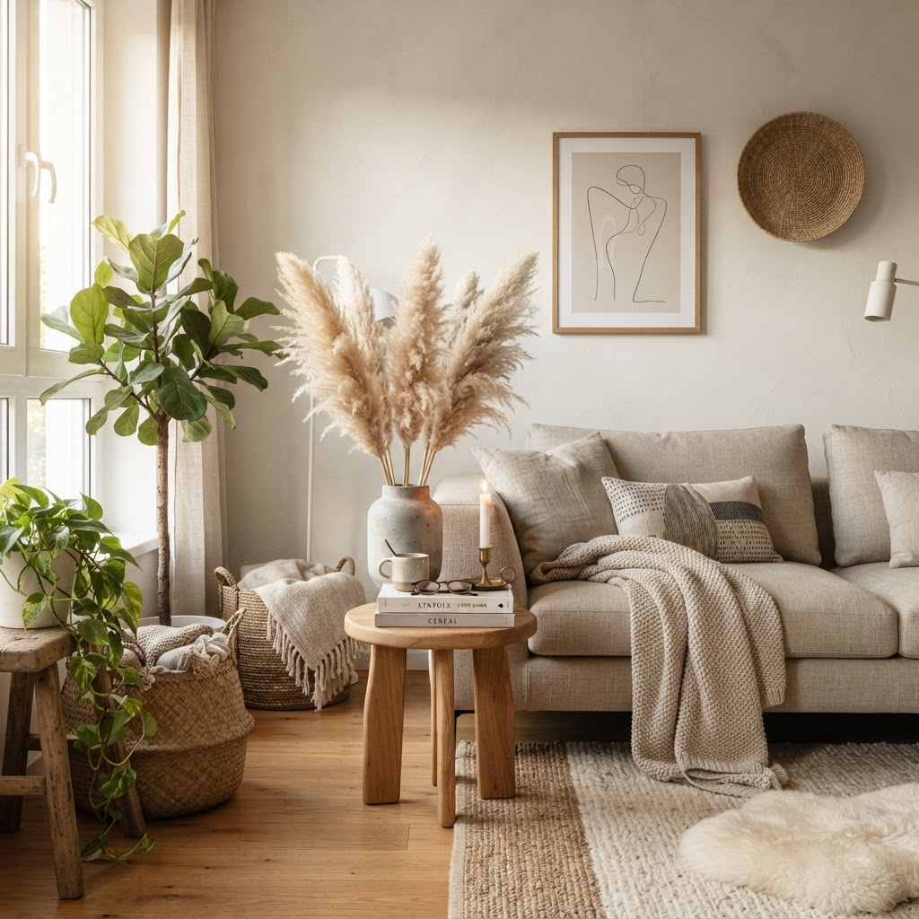 Sala de estar decorada com peças de cimento artesanal