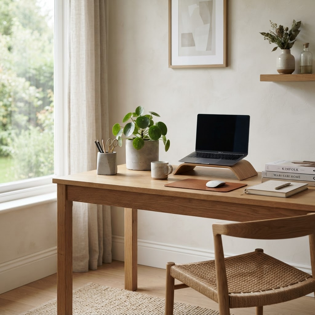 Home office com porta-canetas e cachepot de cimento
